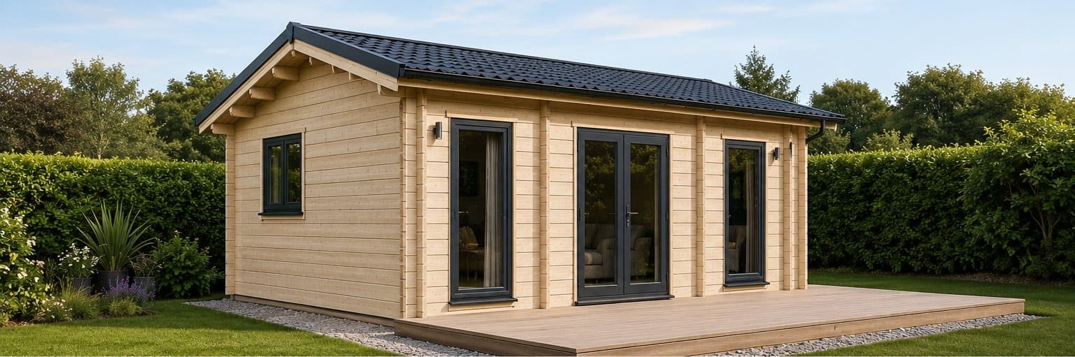 Premium timber garden room in a beautifully landscaped garden