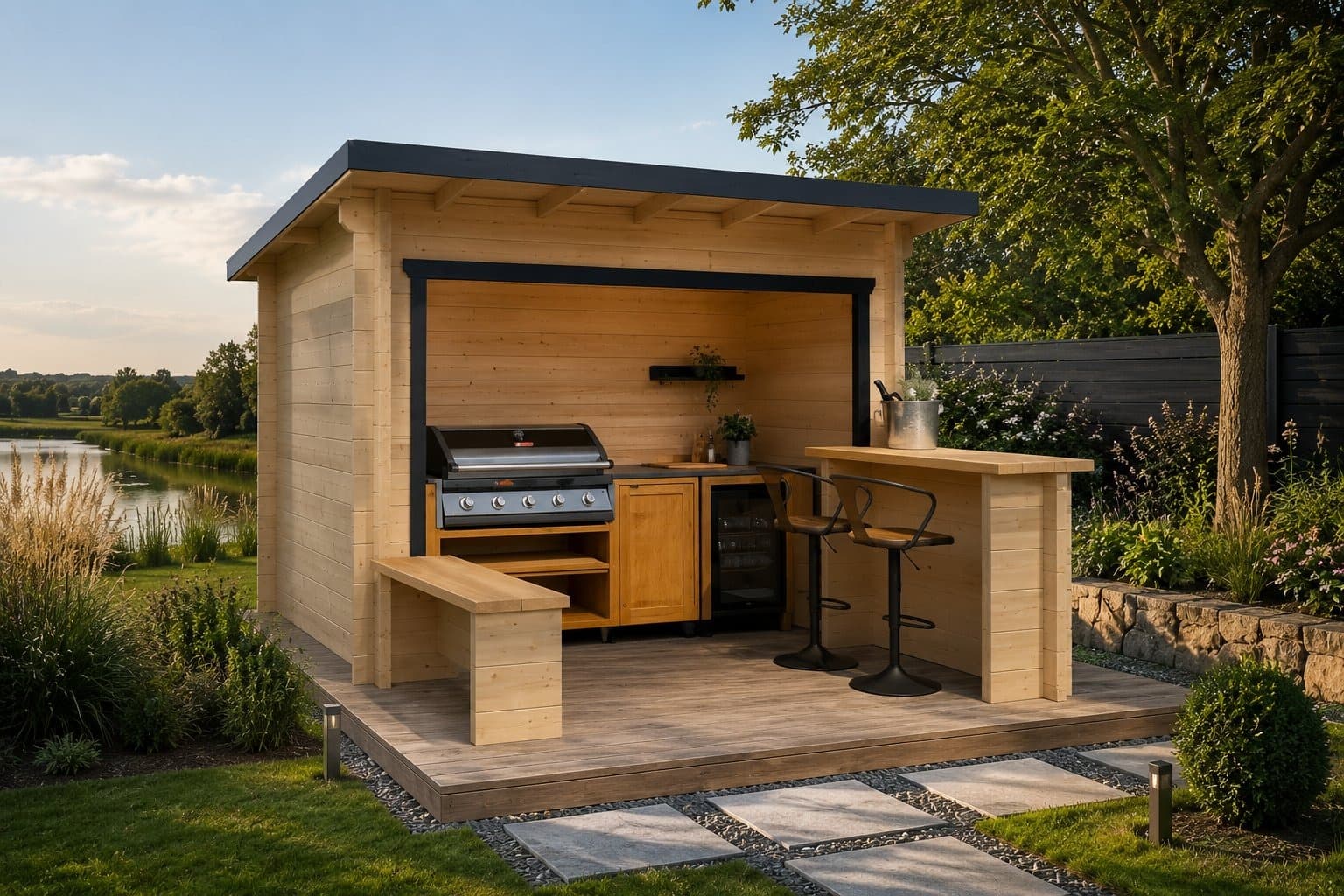Beautiful garden room with large doors and natural timber cladding