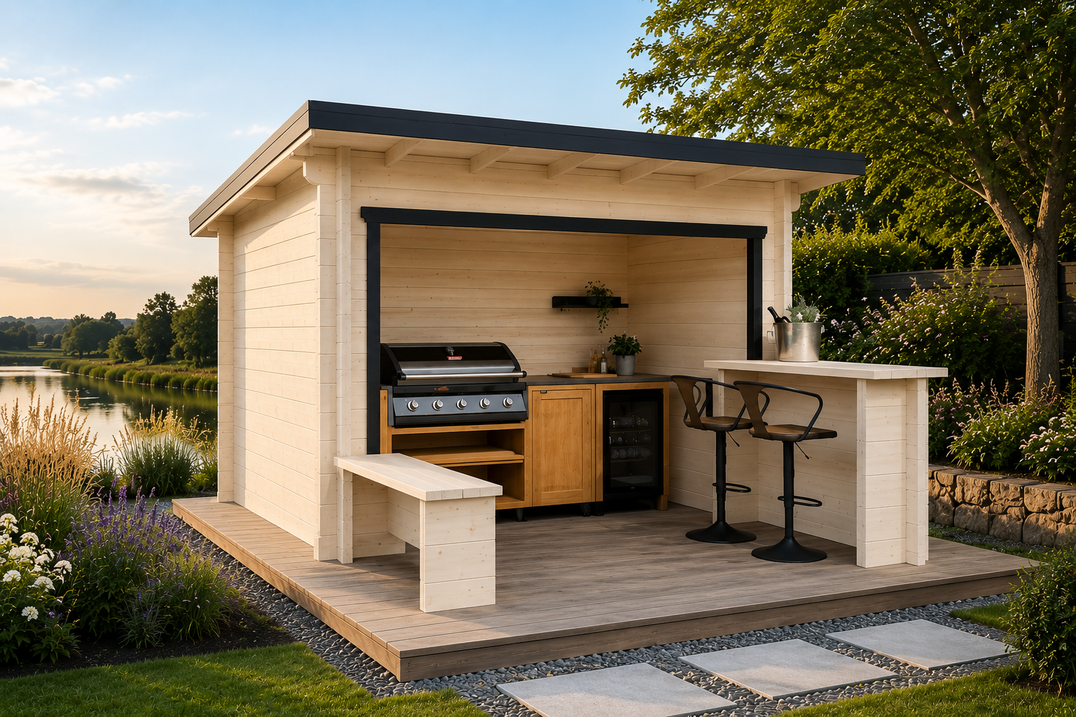 Contemporary outdoor kitchen and garden bar pod