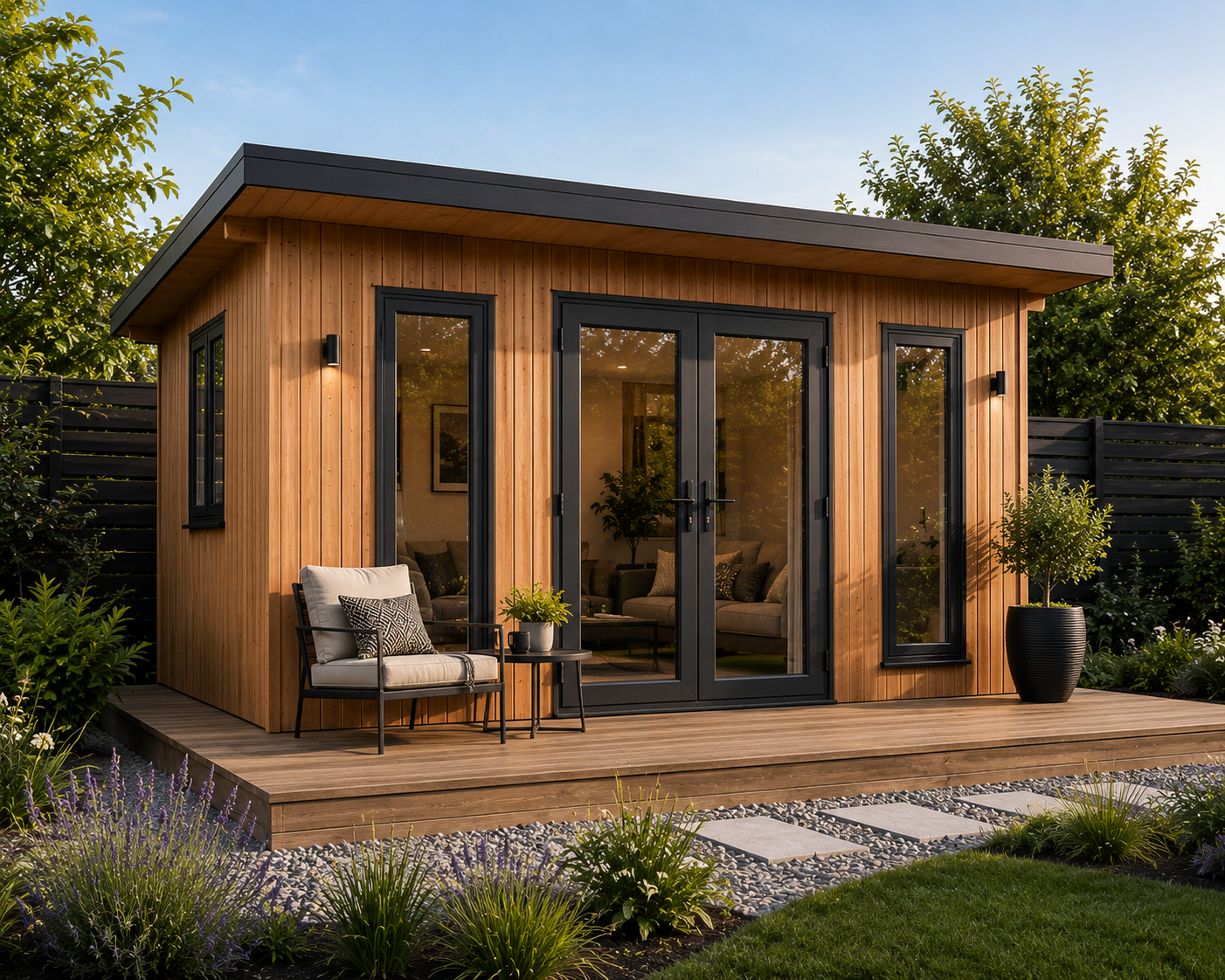 Beautiful timber garden room with natural cladding — perfect home office
